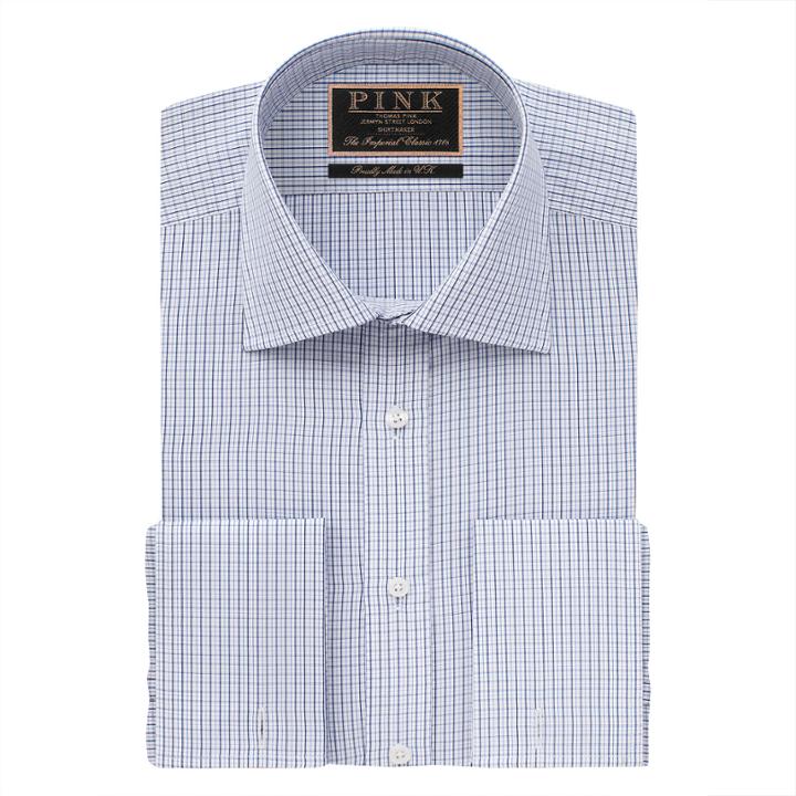 Thomas Pink Holden Check Classic Fit Double Cuff Shirt Blue/white Regular