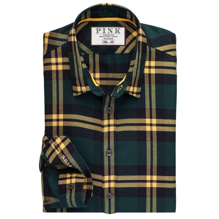 Thomas Pink Finlay Check Slim Fit Button Cuff Shirt Green/yellow