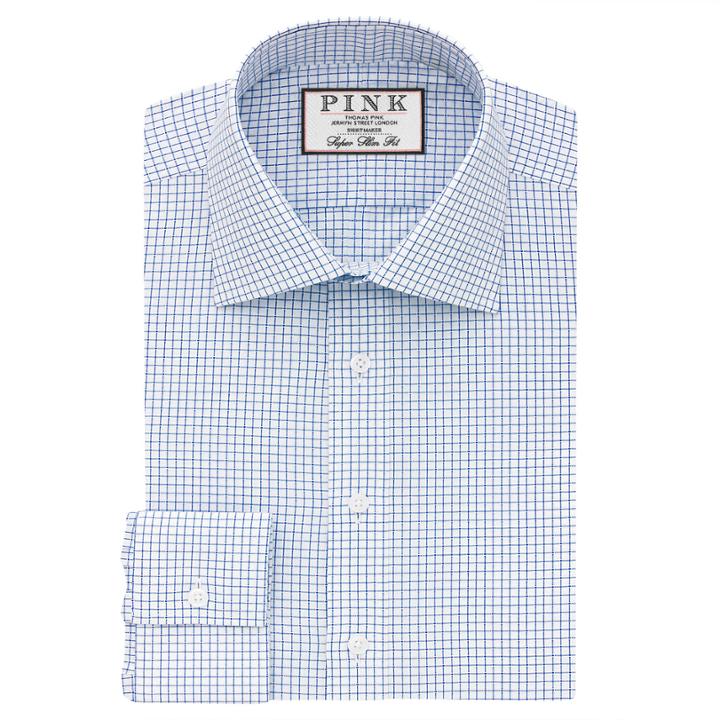 Thomas Pink Flynn Check Super Slim Fit Button Cuff Shirt White/blue