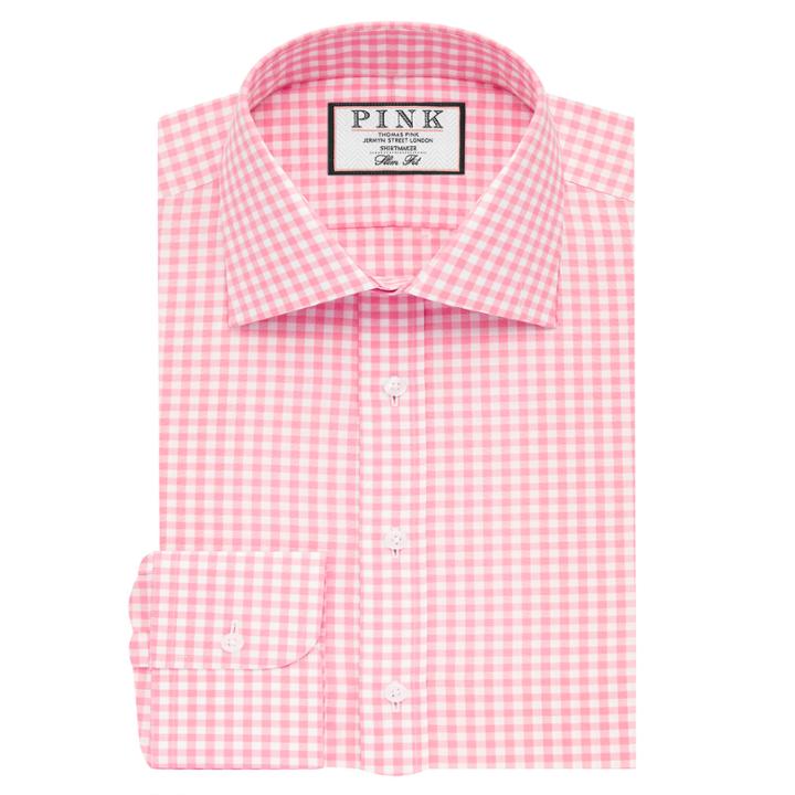 Thomas Pink Summers Check Slim Fit Button Cuff Shirt Pink/white Long