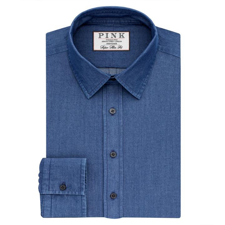 Thomas Pink Caldicot Plain Super Slim Fit Button Cuff Shirt Navy/plain