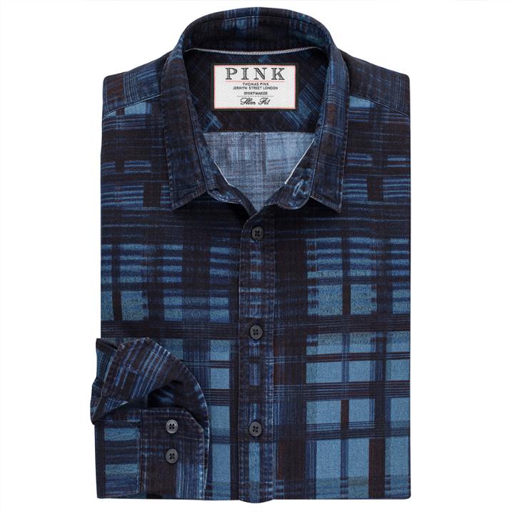 Thomas Pink Leon Print Slim Fit Button Cuff Shirt Blue/black
