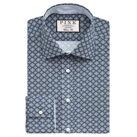 Thomas Pink Nicholson Print Classic Fit Button Cuff Shirt Navy/white Long