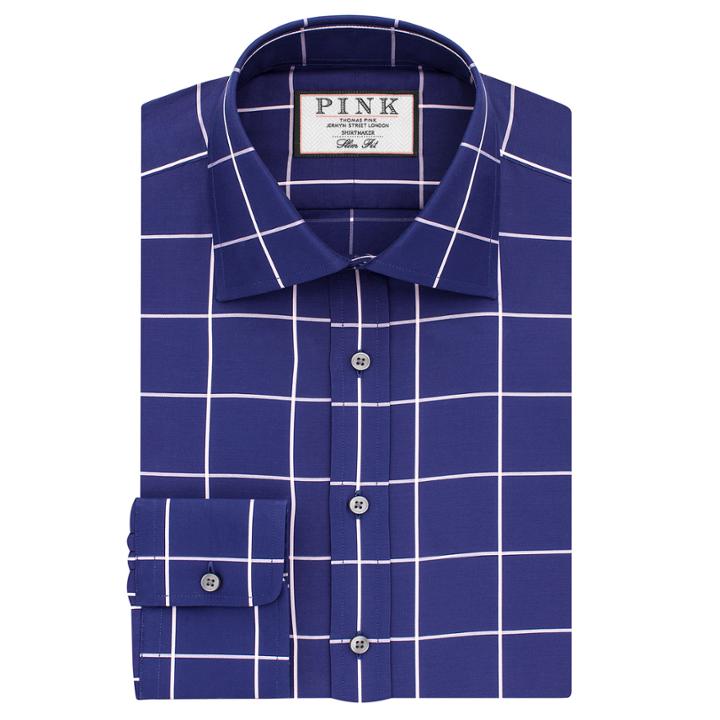 Thomas Pink Woodward Check Slim Fit Button Cuff Shirt Blue/pink