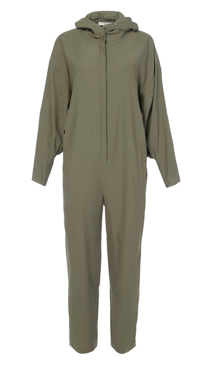 Washed Viscose Twill Hoodie Jumpsuit With Open Back