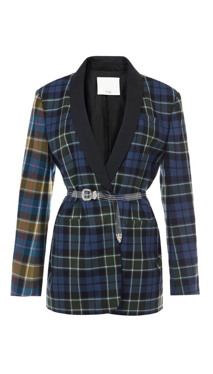 Tartan Oversized Tuxedo Blazer With Removable Belt
