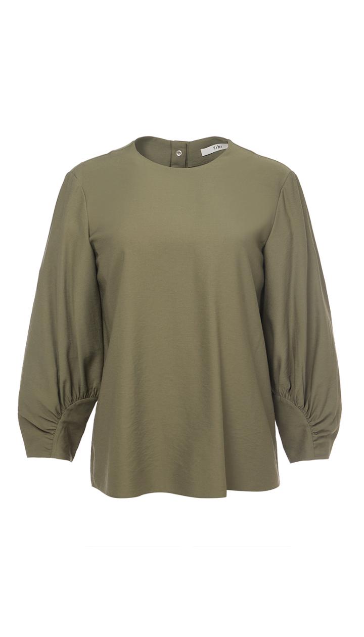 Washed Viscose Twill Shirred Sleeve Top