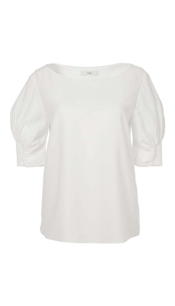 Washed Viscose Twill Short Sleeve Shirred Top