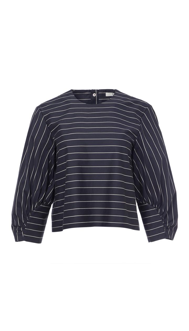 Sateen Stripe Cropped Shirred Sleeve Top