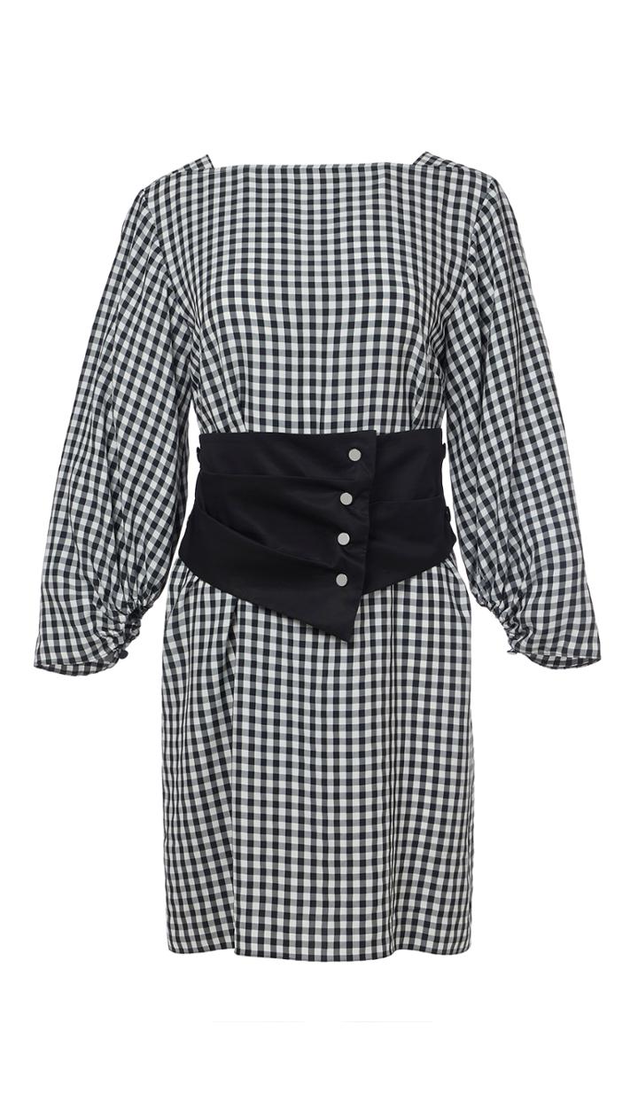Viscose Gingham Boatneck Dress With Removable Corset