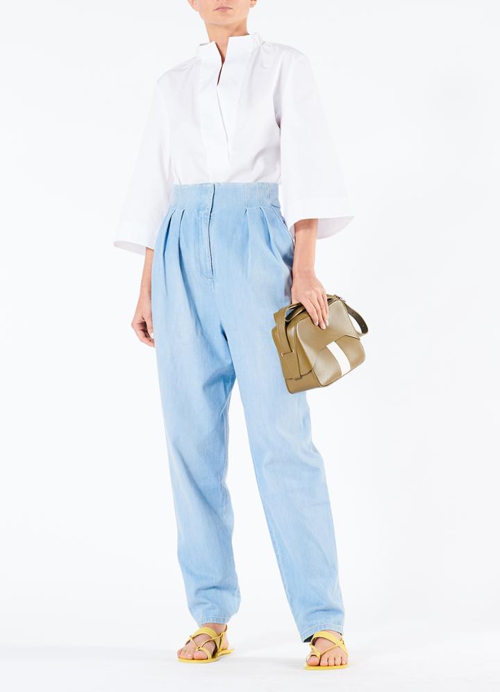 Satin Poplin Bell Sleeve Split Neck Top