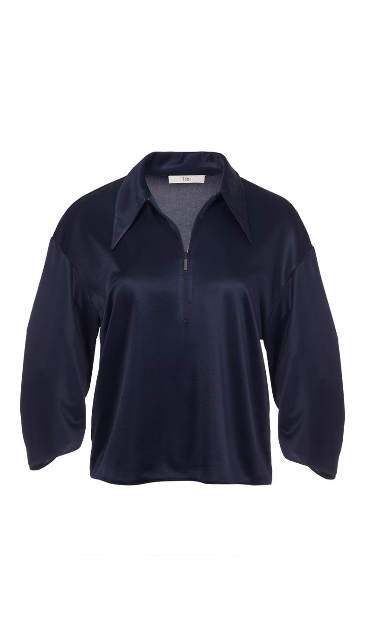 Tech Pique Zip Front Pointed Collar Top