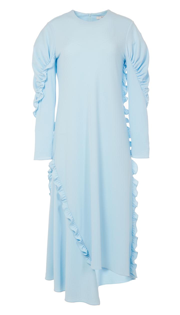 Crepe Knit Ruched Sleeve Ruffle Dress