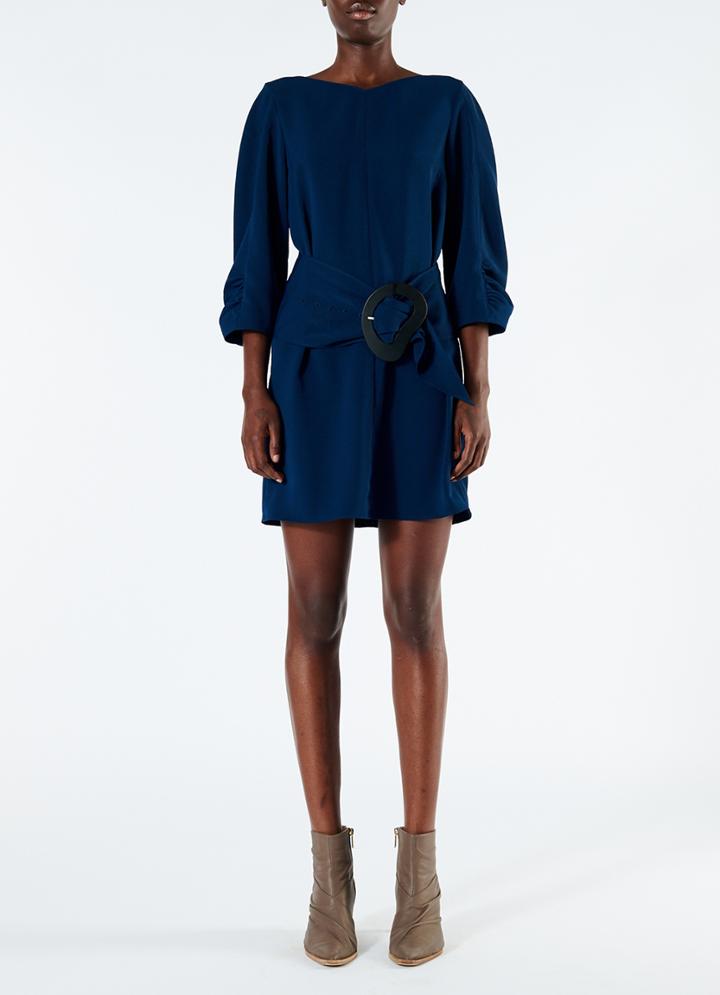 Drape Twill Shirred Sleeve Dress With Removable Belt