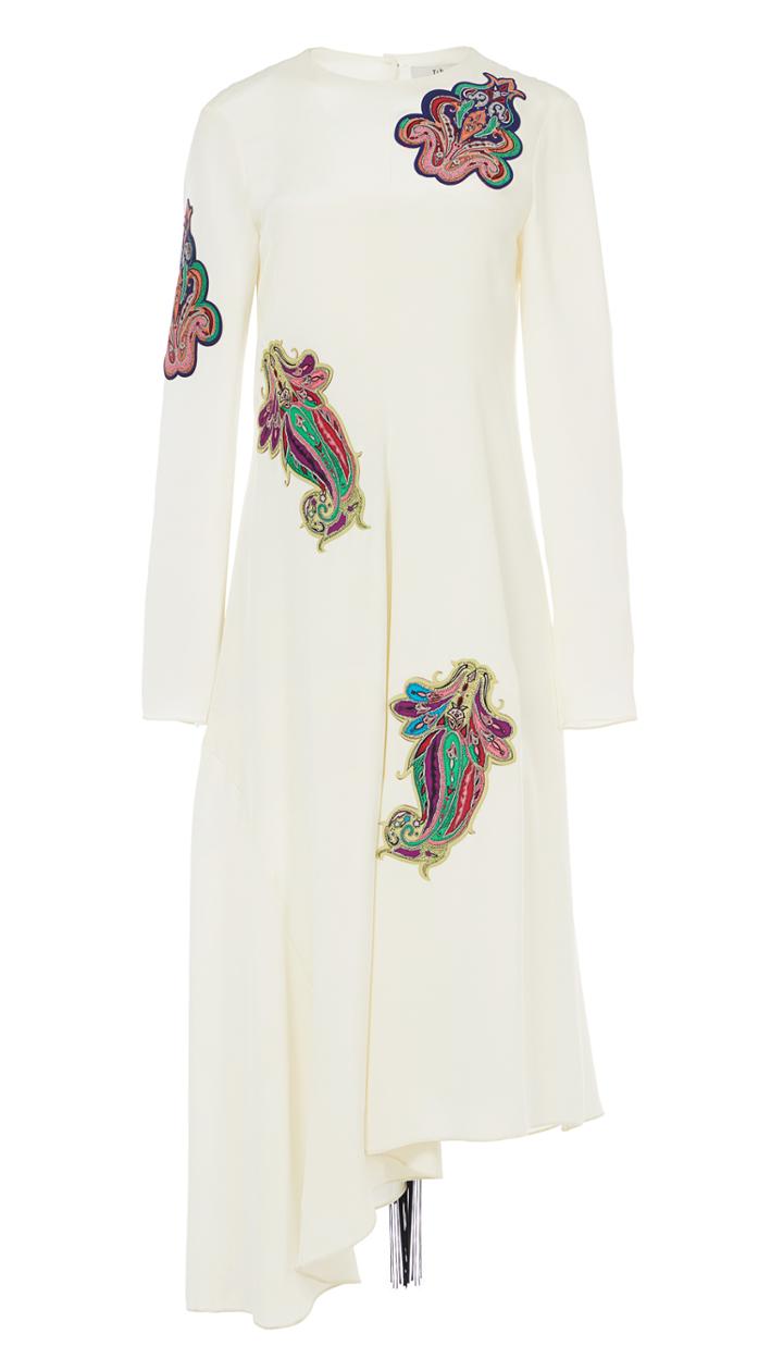 Silk Paisley Patch Asymmetrical Dress With Fringe