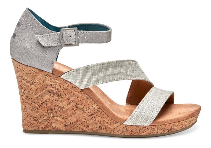 Toms Toms Grey And White Linen With Chevron Cork Women's Clarissa Wedges - Size 11