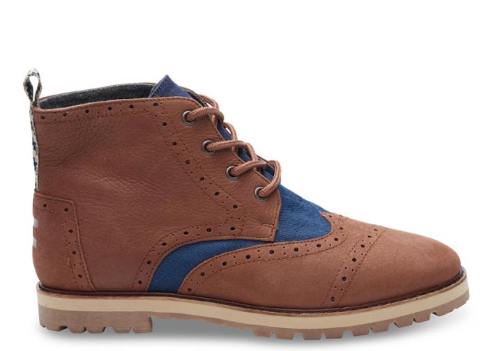 Toms Chestnut Brown Full Grain Leather Navy Herringbone Men's Brogue Boots