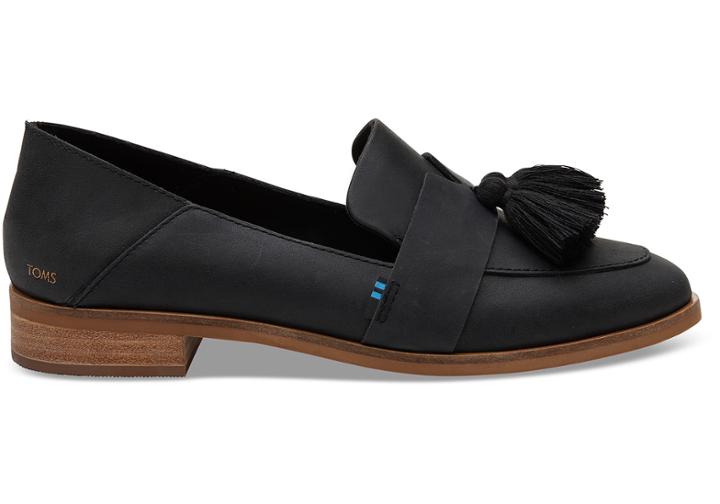 Toms Black Leather With Tassel Women's Estel Loafers