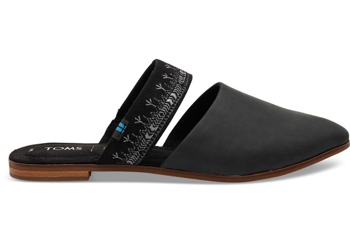 Toms Black Leather With Embroidered Strap Women's Jutti Mules