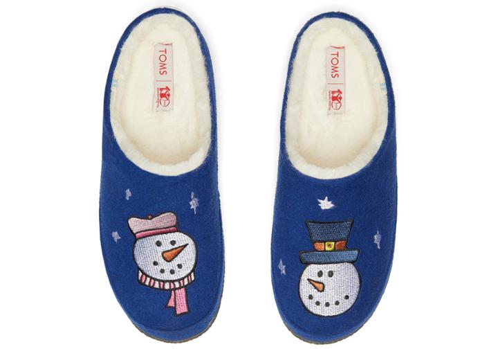 Toms Royal Blue Felt Save The Children Snow Man Women's Ivy Slippers