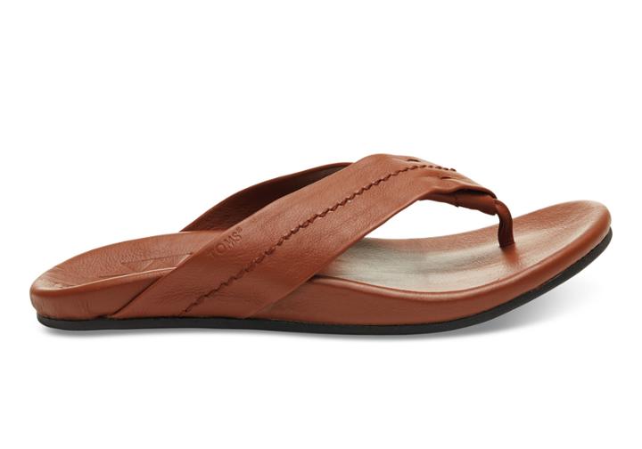 Toms Brown Full Grain Leather Men's Semana Flip Flops