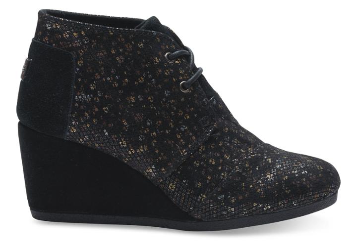 Toms Black Leather Printed Women's Desert Wedges