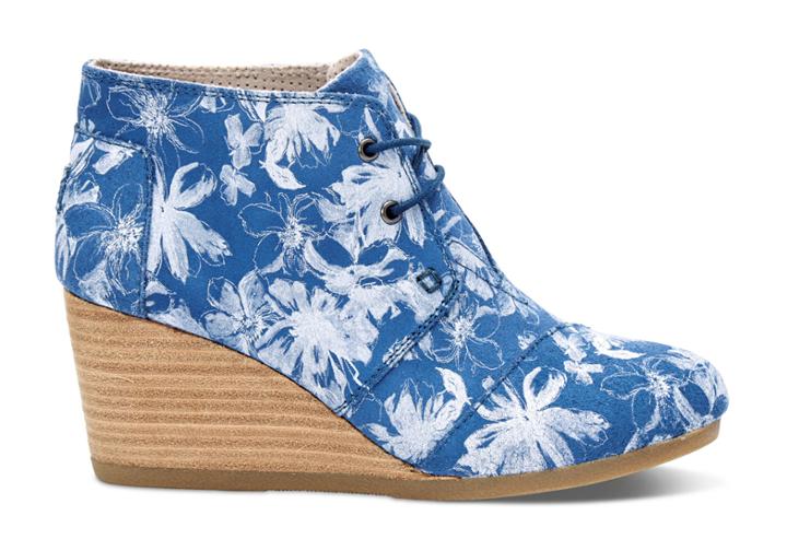 Toms Toms Blue Suede Floral Women's Desert Wedge Booties - Size 7