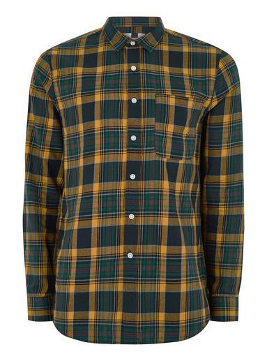 Topman Mens Yellow And Navy Checked Long Sleeve Shirt