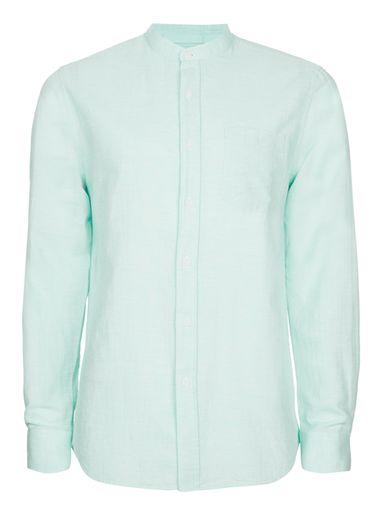 Topman Mens Green Light Blue Stand Collar Casual Shirt