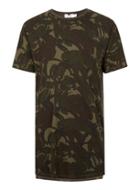 Topman Mens Green Khaki Camo Print Longline Short Sleeve T-shirt