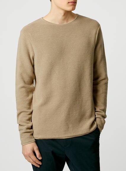 Topman Mens Brown Camel Mini Rib Crew Neck Jumper