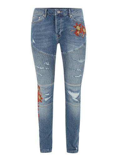 Topman Mens Blue Light Wash Skinny Fit Embroidered Biker Jeans