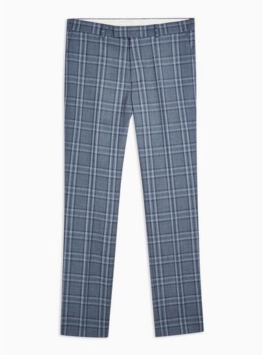 Topman Mens Blue Check Regular Fit Suit Trousers