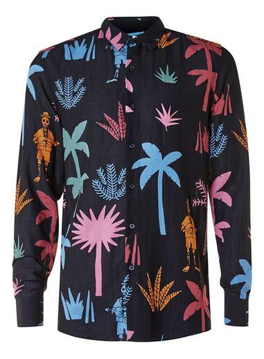 Topman Mens Black And Multicoloured Print Viscose Casual Shirt