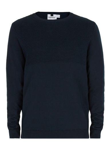 Topman Mens Blue Navy Textured Crew Neck Sweater