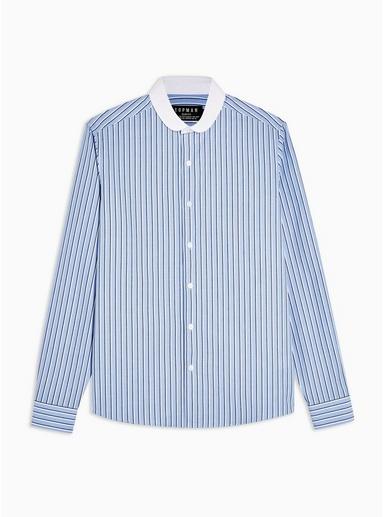 Topman Mens Blue Stripe Penny Collar Slim Shirt