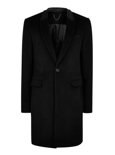 Topman Mens Black Wool Blend Overcoat With Real Leather Collar