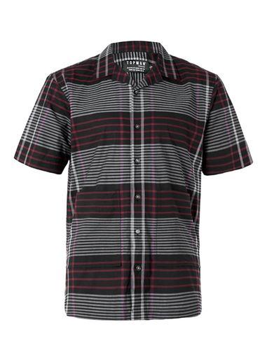 Topman Mens Black, Grey And Red Check Short Sleeve Dress Shirt