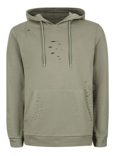Topman Mens Green Khaki Ripped Classic Fit Hoodie