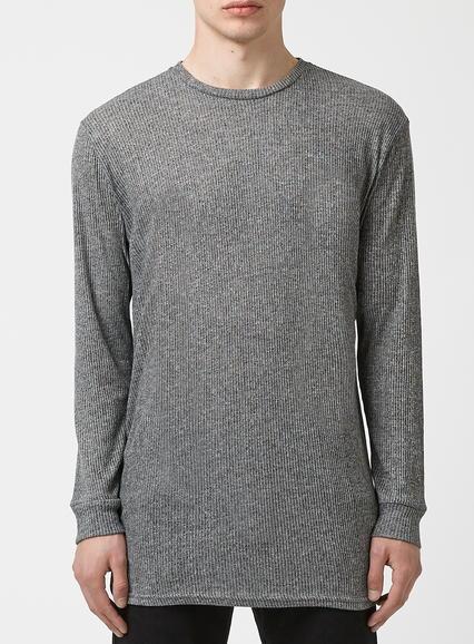 Topman Mens Black Charcoal Ribbed Longline Long Sleeve T-shirt