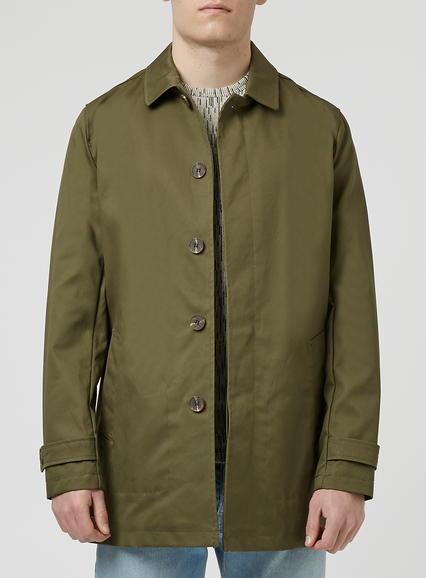 Topman Mens Green Khaki Bonded Cotton Mac