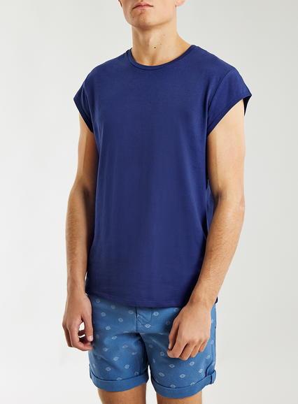 Topman Mens Blue Navy Cap Sleeve Slim Fit Crew Neck T-shirt