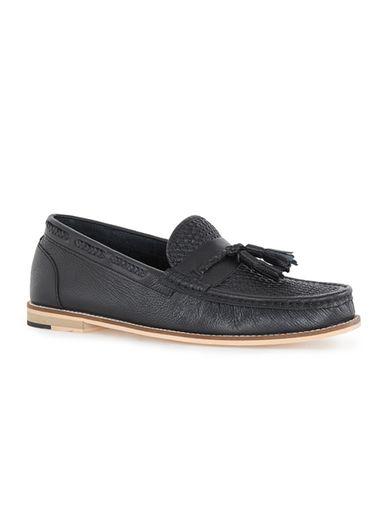 Topman Mens Black Leather Weaved Tassel Loafers