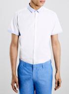Topman Mens Blue Contrast Collar Short Sleeve Smart Shirt