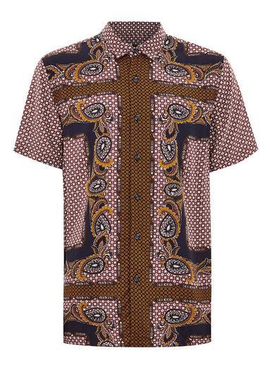 Topman Mens Black Burgundy Paisley Short Sleeve Shirt