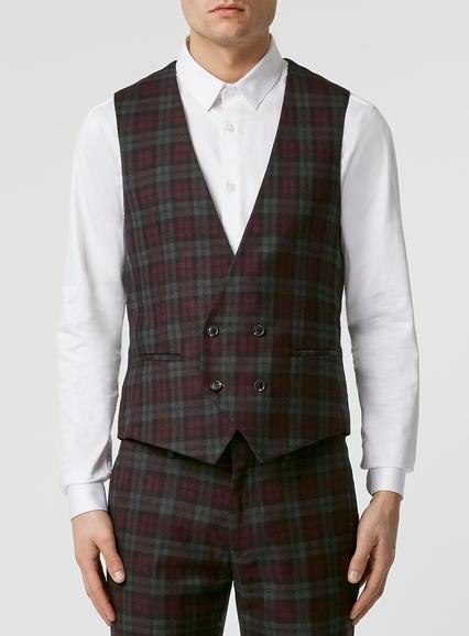 Topman Mens Red Burgundy Check Suit Vest