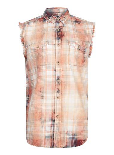 Topman Mens Red Checked Sleeveless Frayed Hem Shirt