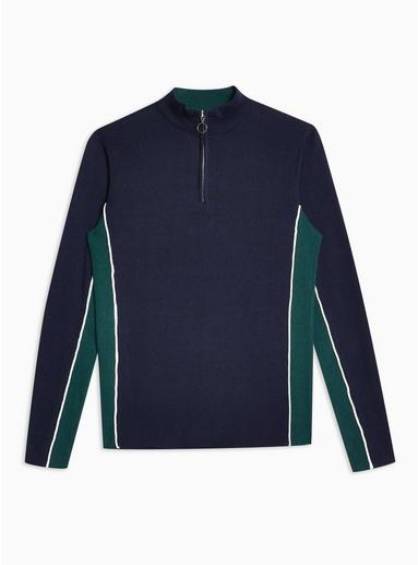 Topman Mens Black Navy Side Panel Zip Neck Jumper