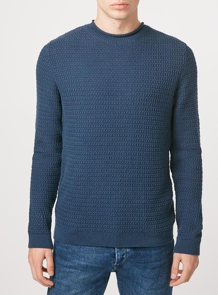 Topman Mens Blue Denim Gridstripe Bagel Neck Sweater