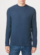 Topman Mens Blue Denim Gridstripe Bagel Neck Sweater